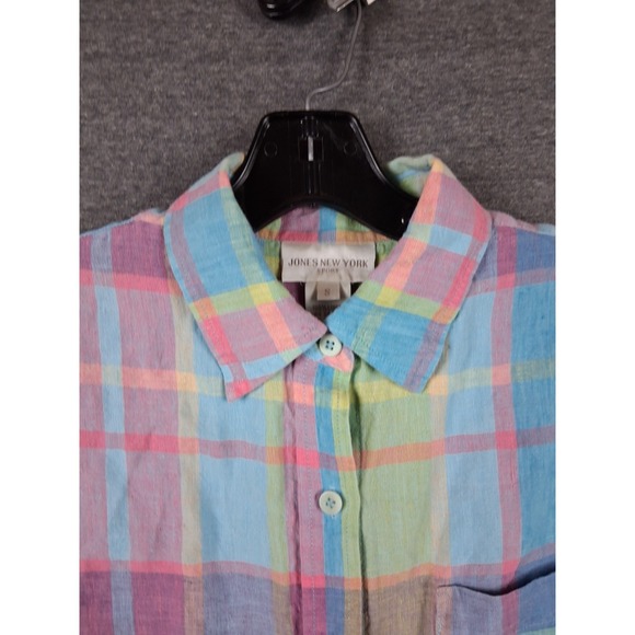 Jones New York Tops - Jones New York Womens Shirt S Blue Pink Pastel Plaid‎ 100% Linen Coastal Resort